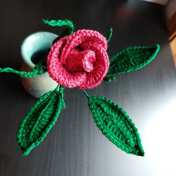 Red Crochet Rosebuds Last Forever 9" long stem rose unique faux flower cottage - Picture 15 of 15